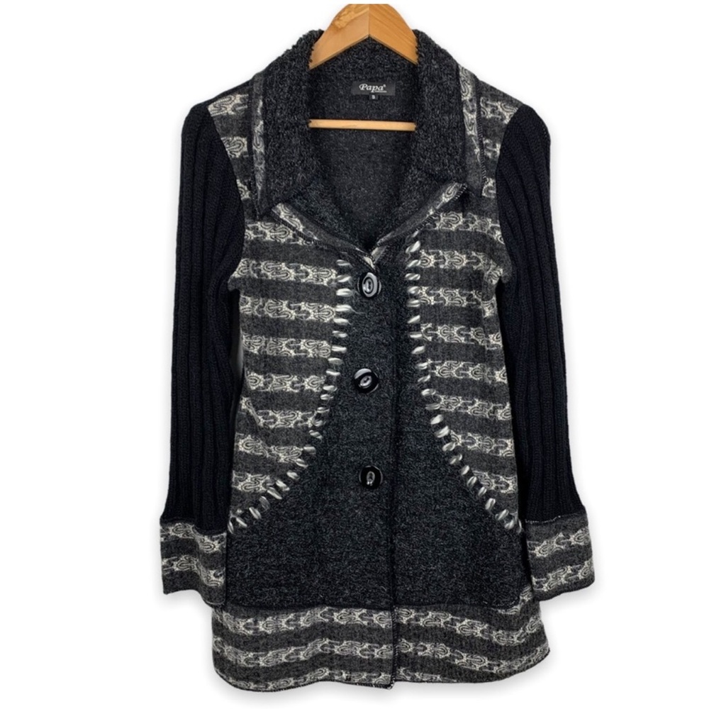 PAPA VANCOUVER Sweater Jacket Black Charcoal Mixed Media Button Front Small